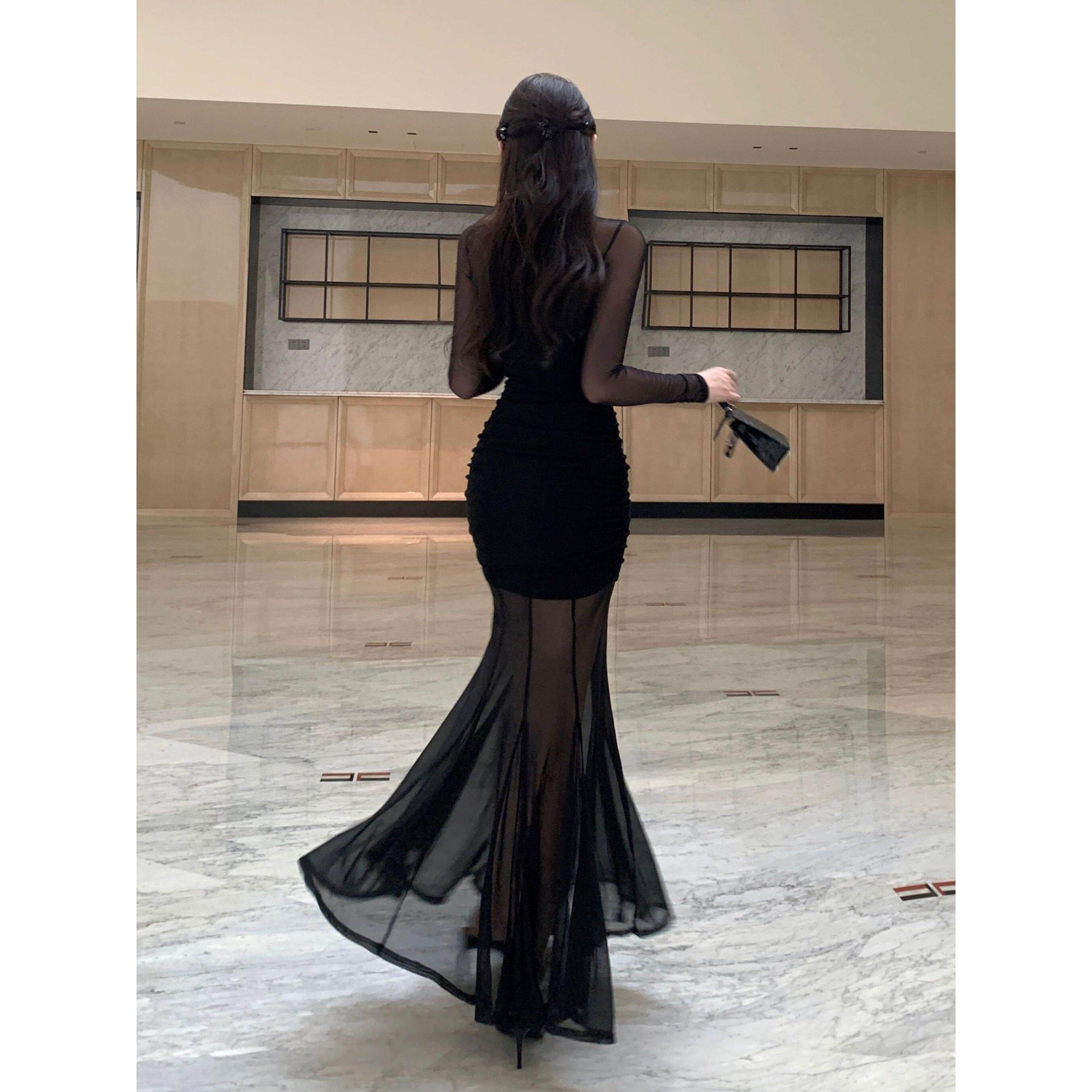 美杜莎女王御姐轻熟风黑色网纱包臀长款透视鱼尾裙晚礼服连衣裙