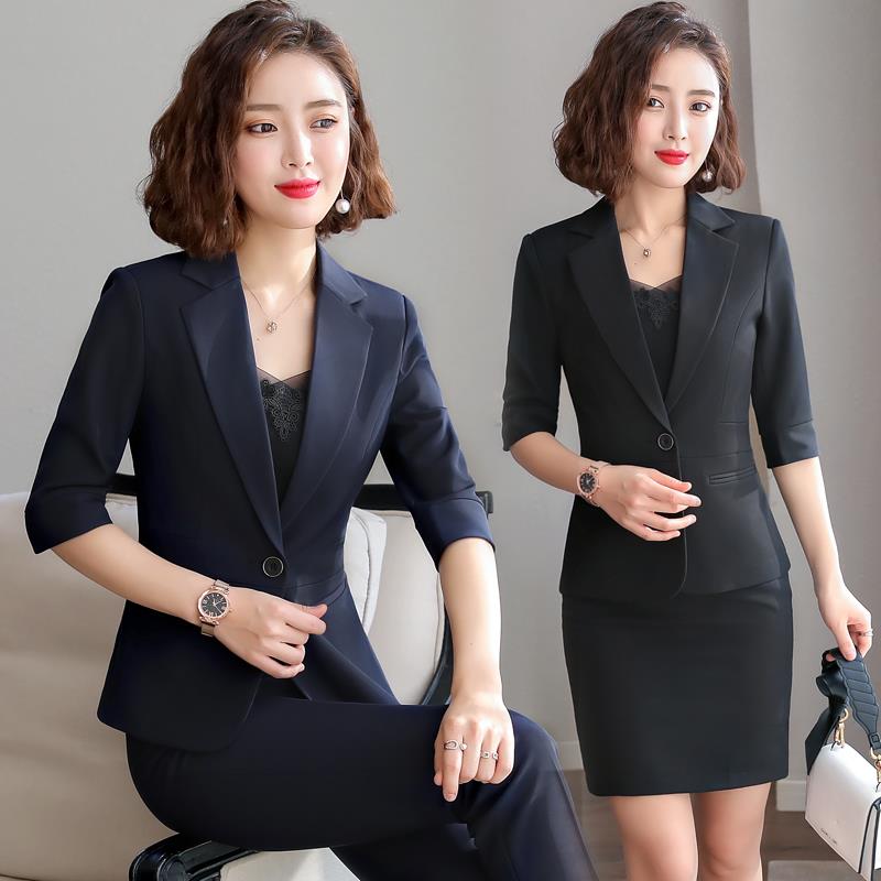 黑色藏青中袖西装外套女薄款夏季职业装气质作七分袖西服套装工服