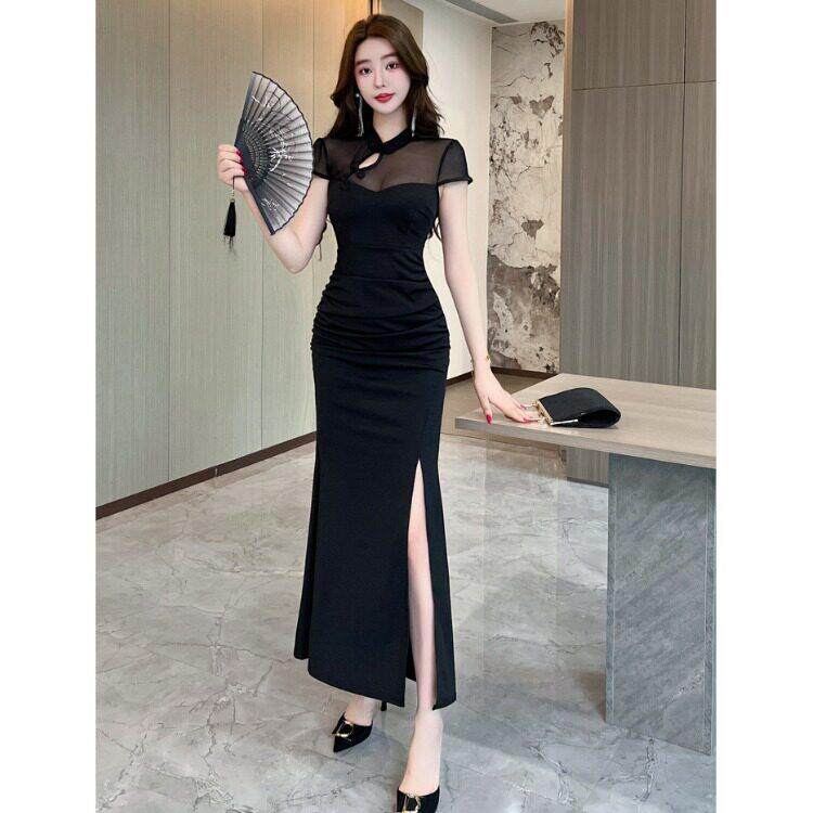 中国风旗袍女高级气质显瘦性感开衩长裙采耳足浴技师服夜场工作服