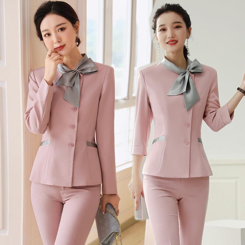 美容师短袖粉色套装2024时尚酒店前台工装美容院养生会所技师制服
