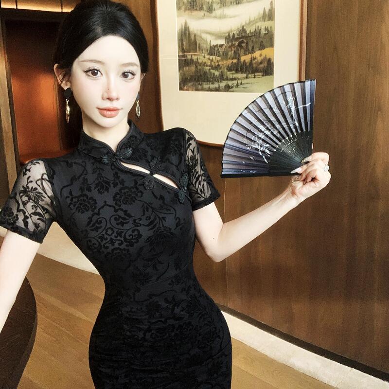 性感改良旗袍网纱中长款日常复古印花民国风皱褶收腰高开叉连衣裙