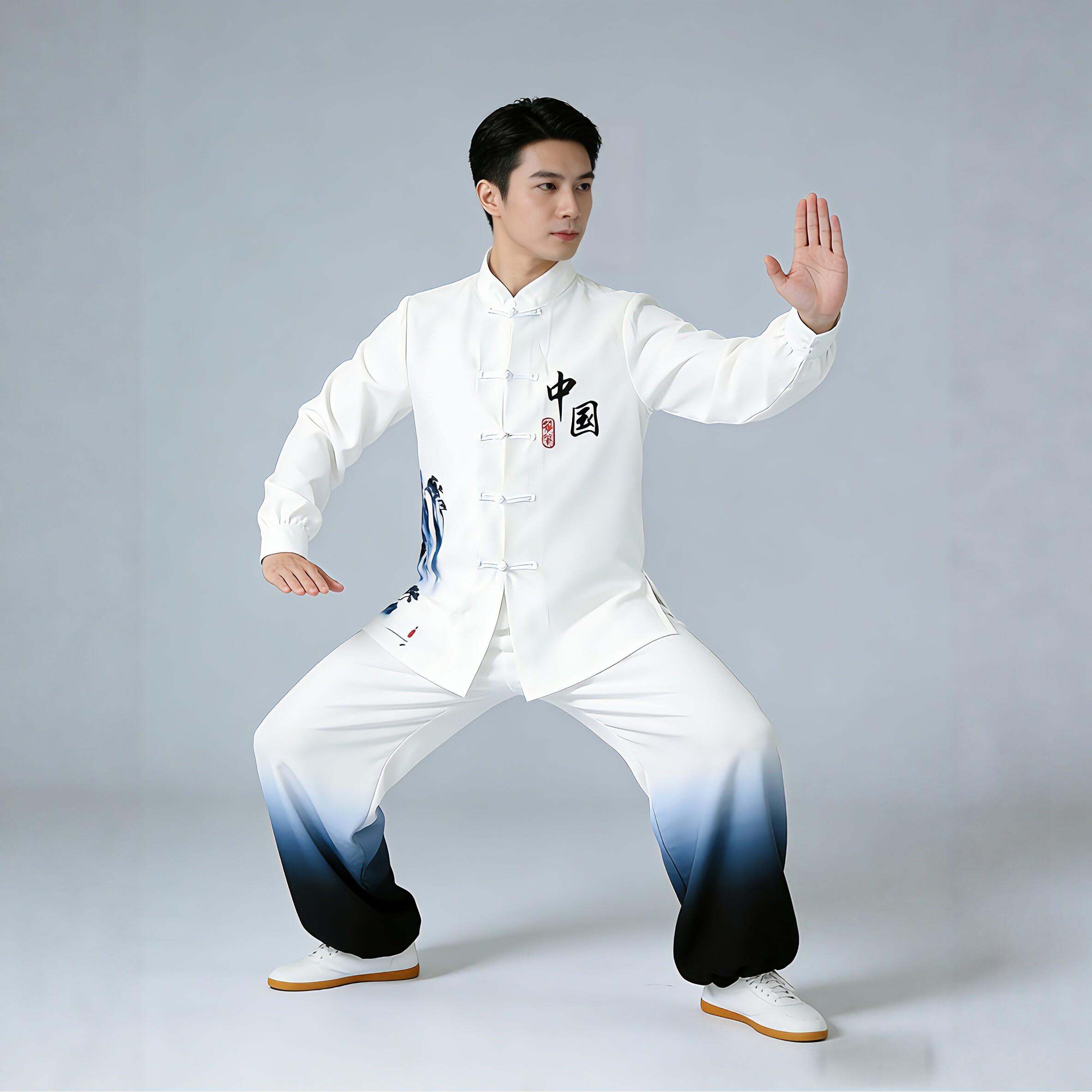 新款中国风水墨太极服男女白色表演服功夫扇武术练功服春秋套装