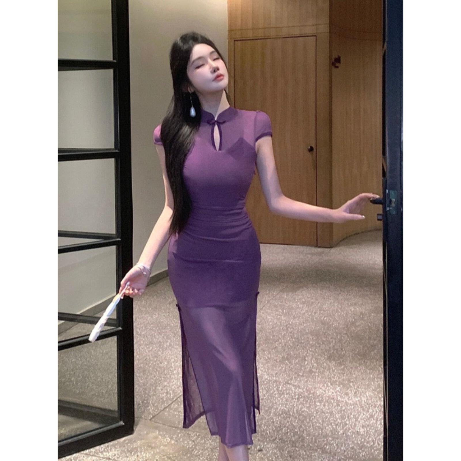 夏季直播服装女主播新中国风改良紫色旗袍性感纯情修身网眼裙长裙
