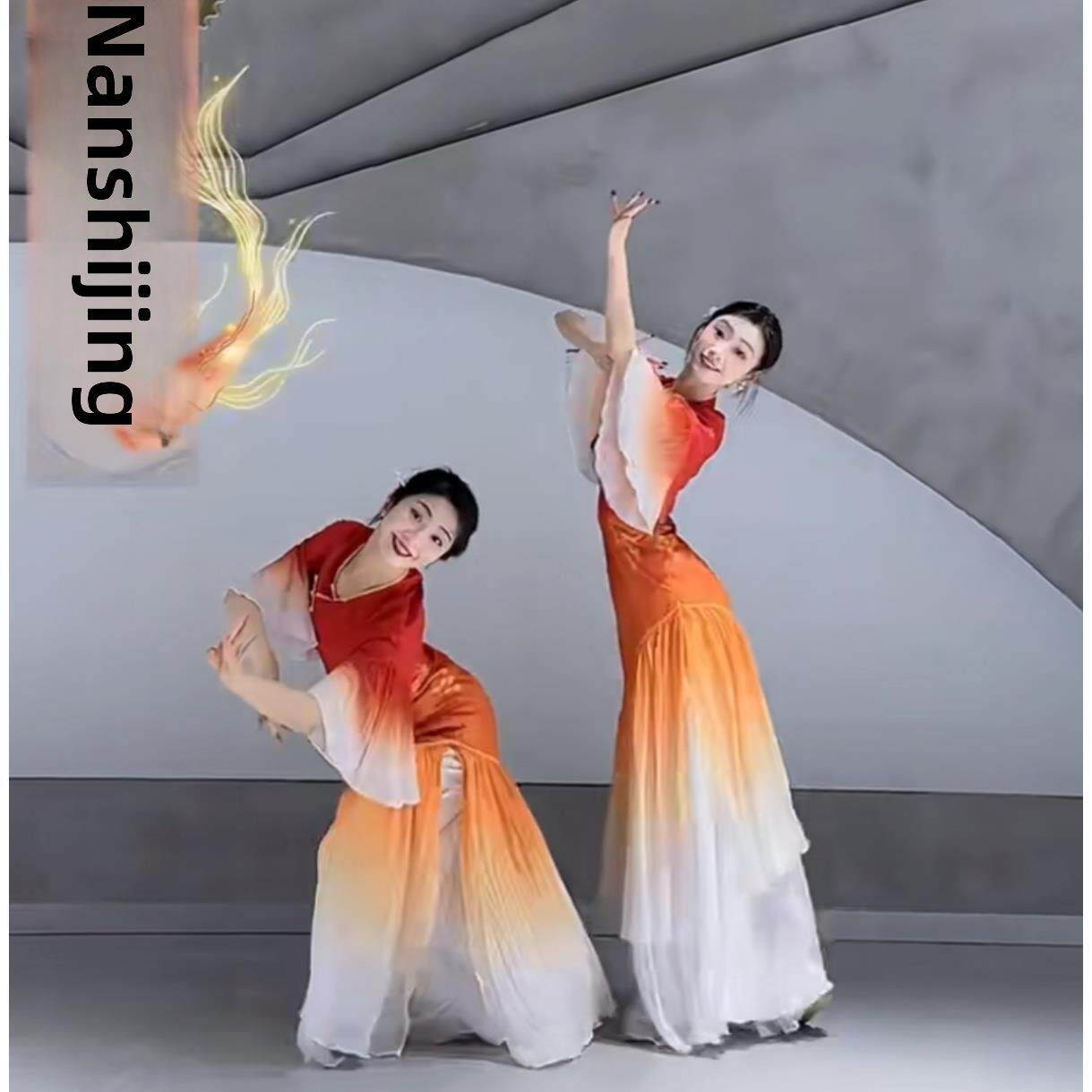 鲤美人女中国花朵旗袍披帛意古典舞舞蹈服古典舞舞红裙新款服飘逸