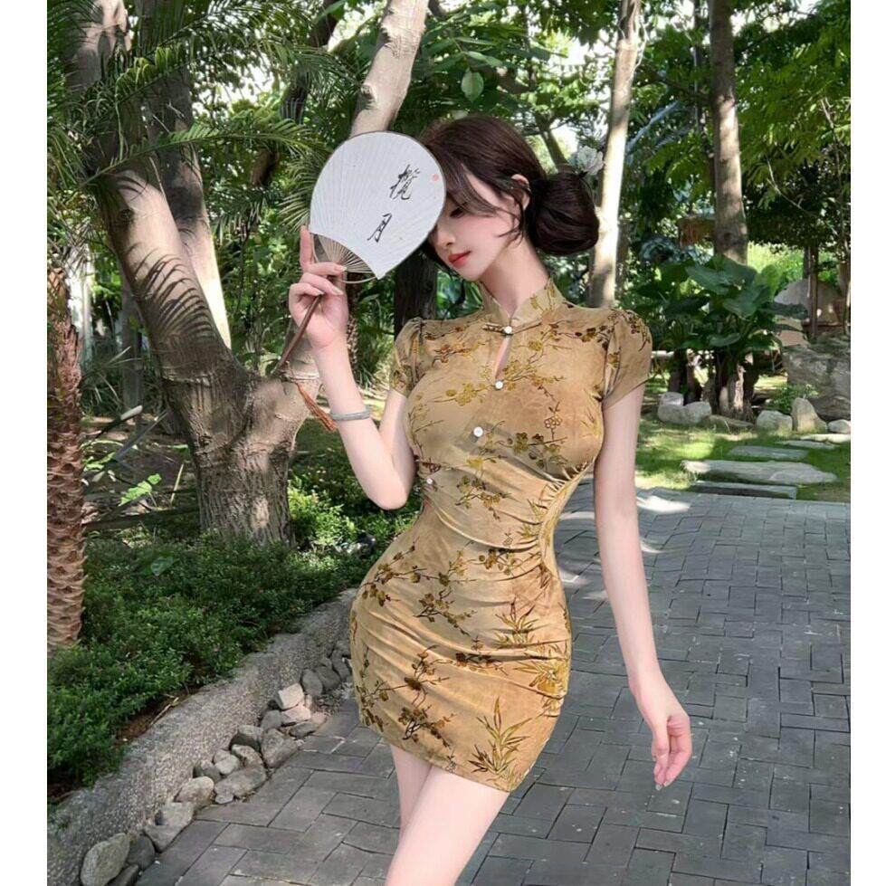 复古风改良旗袍女夏上班衣服性感镂空蕾丝短袖修身打底包臀连衣裙