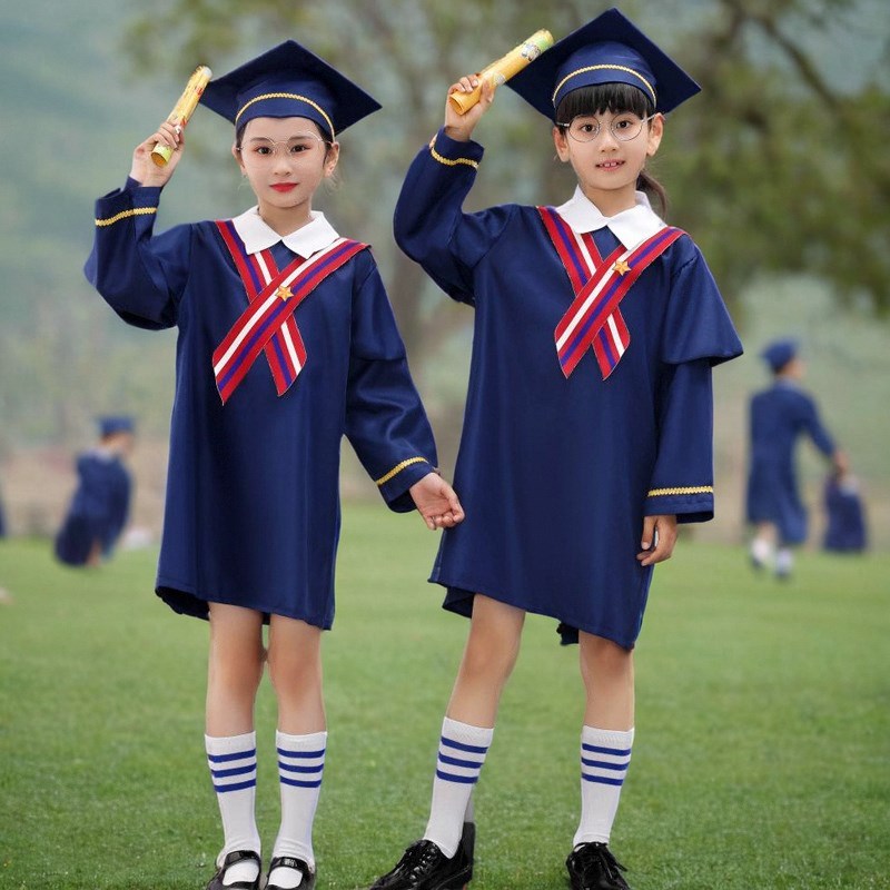 绿色伴侣儿童博士服幼儿园学士服时尚毕业照典礼服套装女小学生