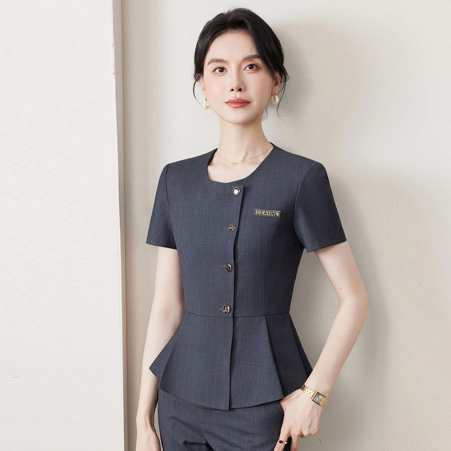 高端短袖西装套装女夏季薄款职业气质前台接待工作装珠宝店工作服