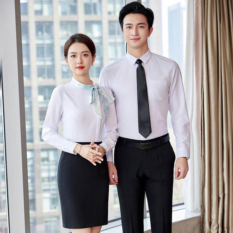 长袖白衬衫男女空姐职业套装中式餐厅酒店服务员工作服前台工作装