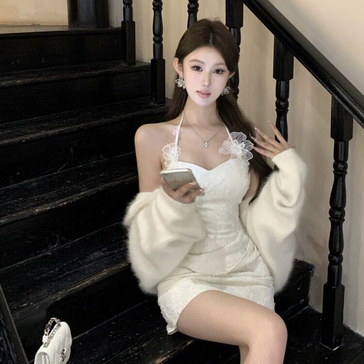 生日小礼裙女法式高级感甜辣妹性感白色包臀蕾丝吊带连衣裙