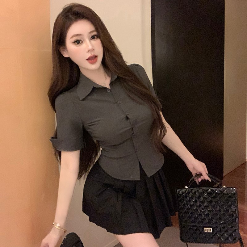 纯欲灰色收腰衬衫性感辣妹工作服职业女气质学院风jk制服套装夏季