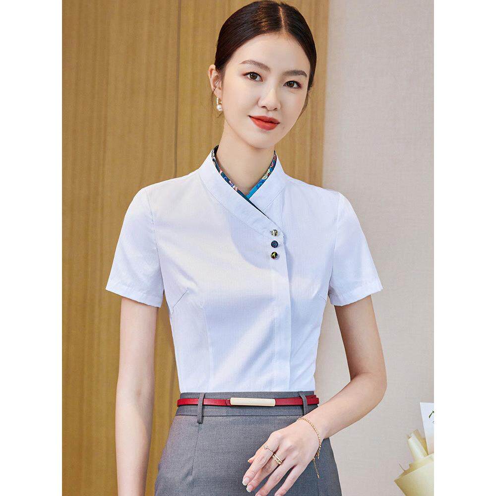 白色衬衫女夏季短袖高端职业套裙空姐制服酒店前台工装工作服衬衣