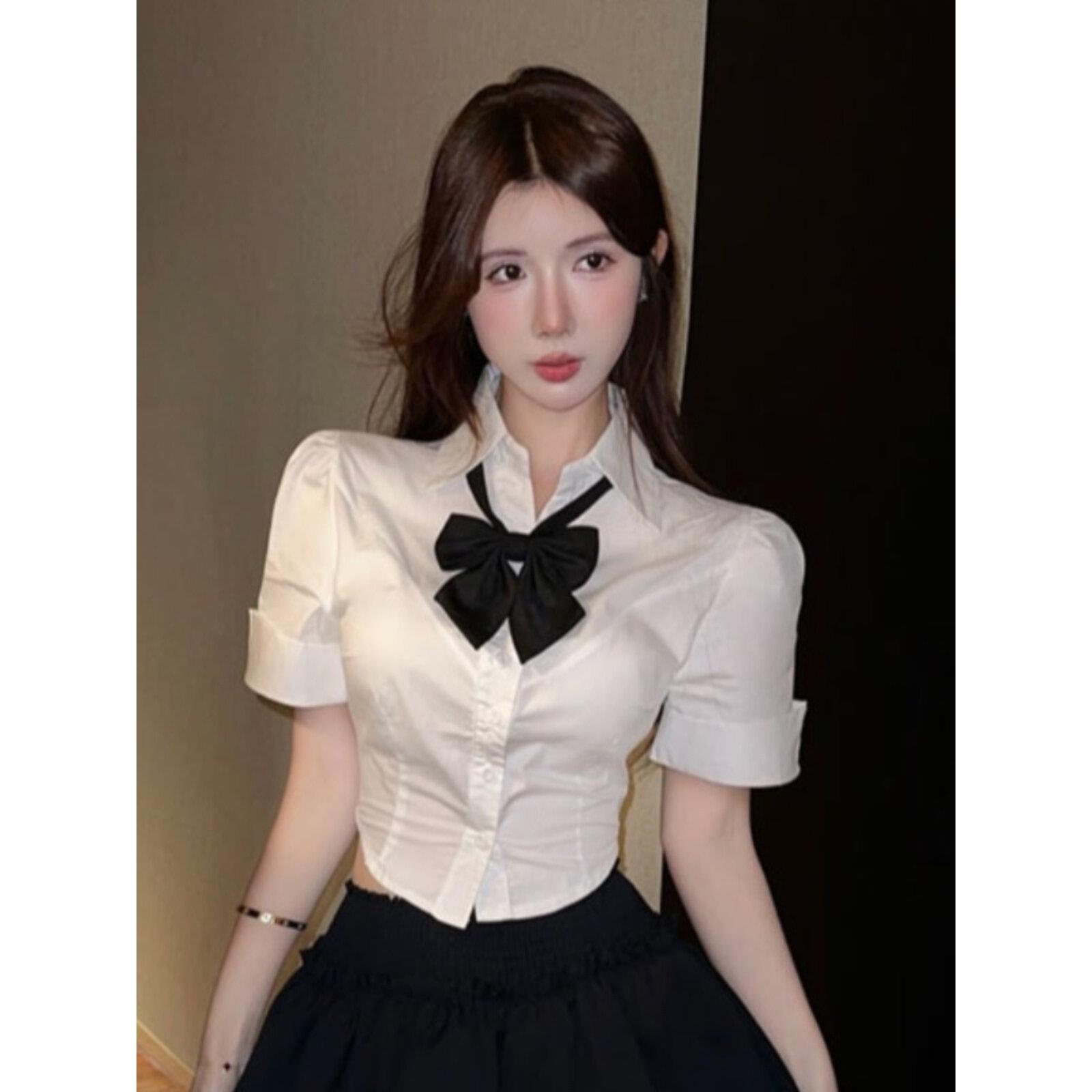 夏季纯欲蝴蝶结腰衬衫短袖女式上衣短学生制服学院风格白衬衫