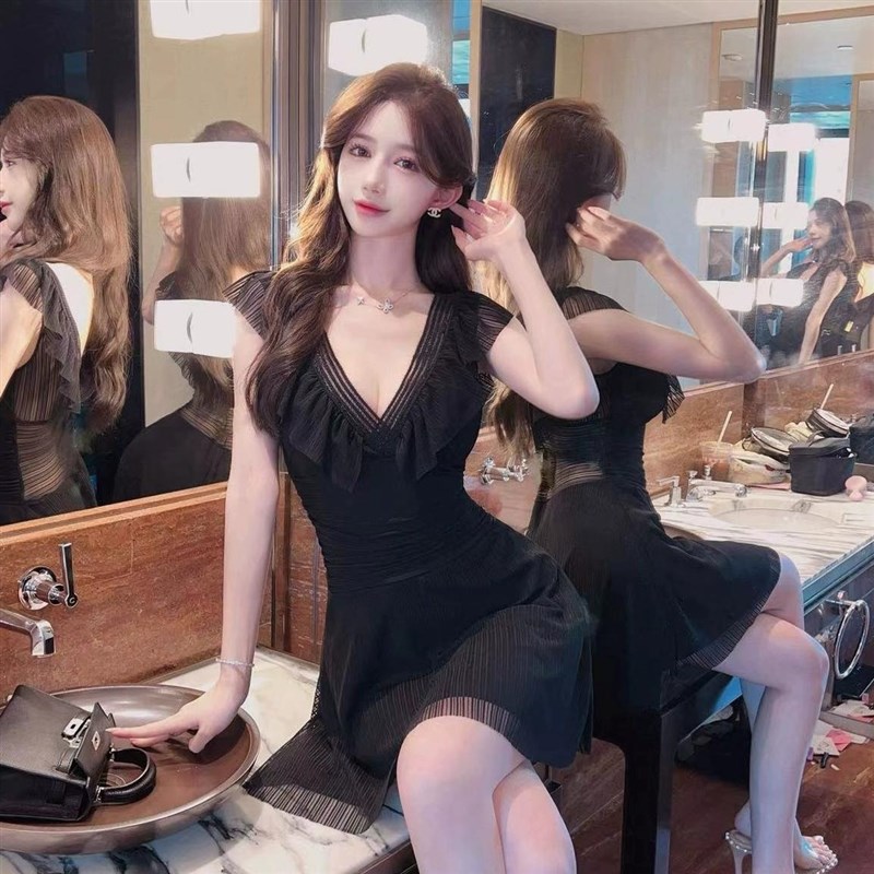 夜总店性感女装夜场上班衣服荷叶边高端气质低胸春V领遮肚连衣裙
