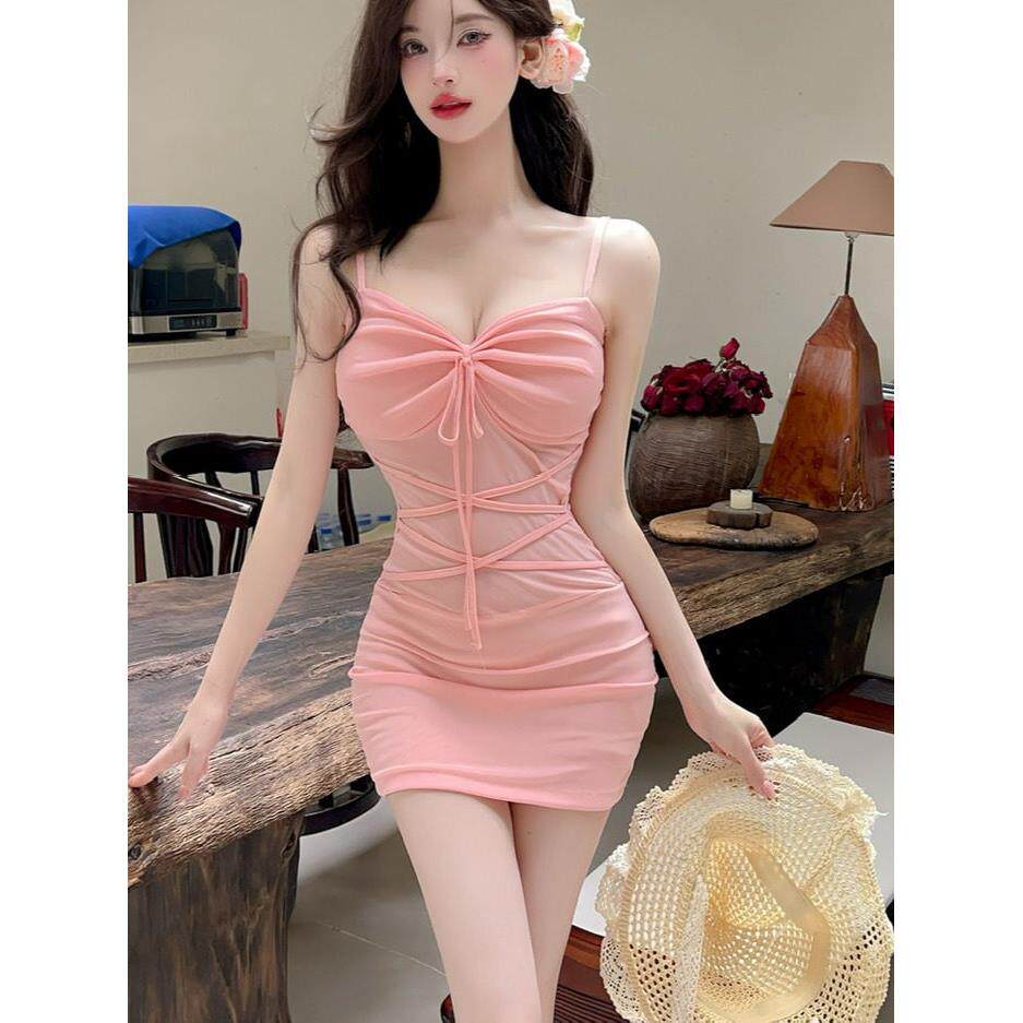 足浴按摩技师工作服性感夜总会吊带裙低胸网眼拼接臀裙
