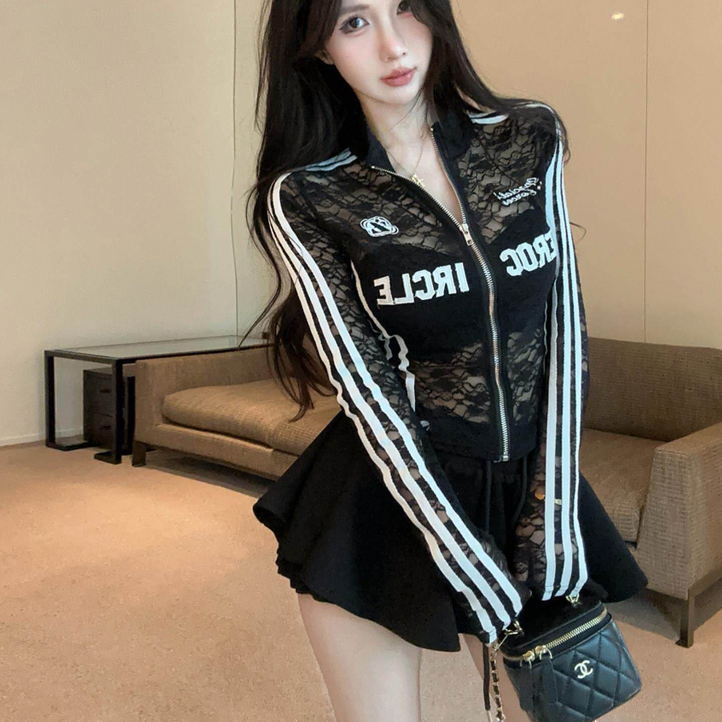 纯欲性感甜美辣妹印花长袖蕾丝衫开衫外套女秋季短款紧身拉链上衣