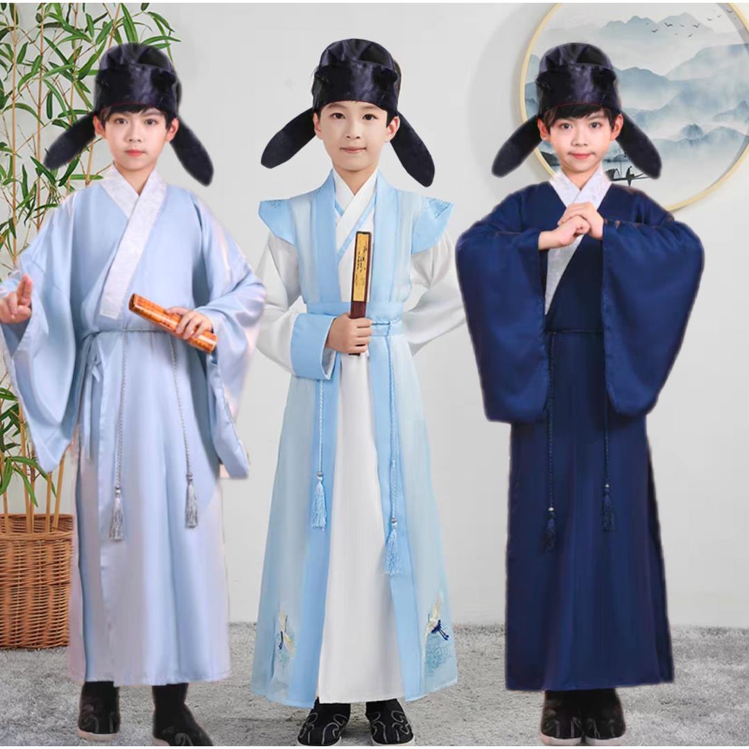 儿童汉服宋制交领袍中国风书生朗诵古诗演出服唐代诗人李白表演服