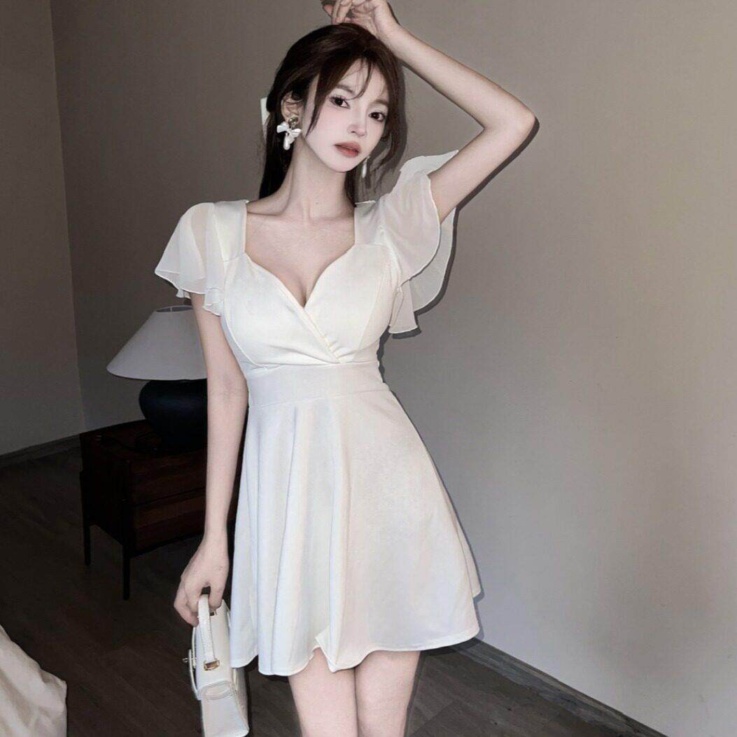 露胸洋装女性感露背领低胸收腰显瘦短袖字短裙足浴技师工作服