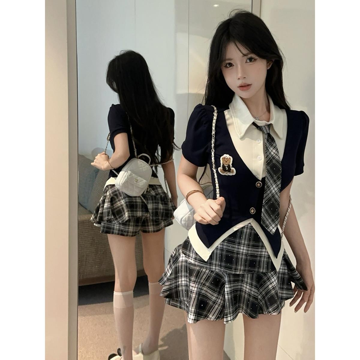 美式覆古学院风制服辣妹假两件修身显瘦短袖衬衫格子半身裙套装