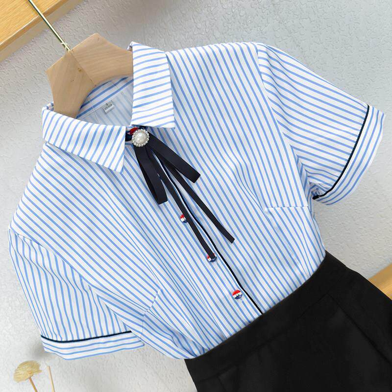 蓝白条纹短袖蓝色衬衫女高级感酒店前台接待上班服制服夏季