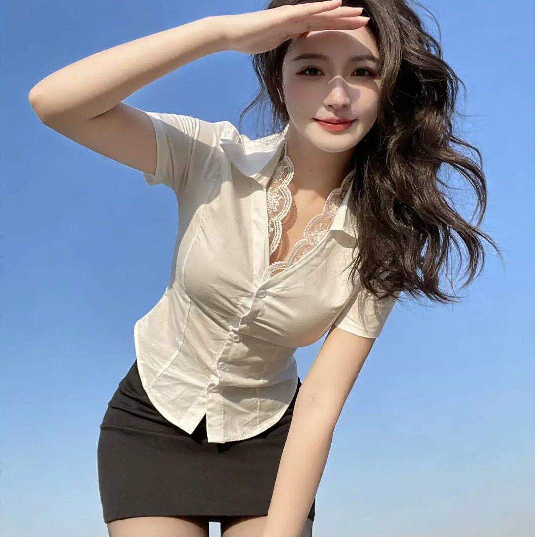 性感蕾丝边领短袖白衬衫包裙制服修身衬衣套装酒店足道技师工衣