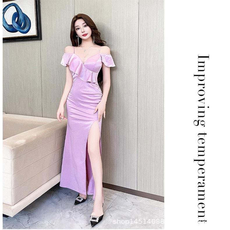 夜总会上班衣服足浴足疗按摩技师服修身显瘦长款晚礼服纯色连衣裙