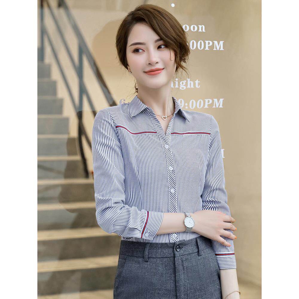 灰色条纹衬衫女式长袖韩国风格修身上衣优雅的工作服春秋季专业衬