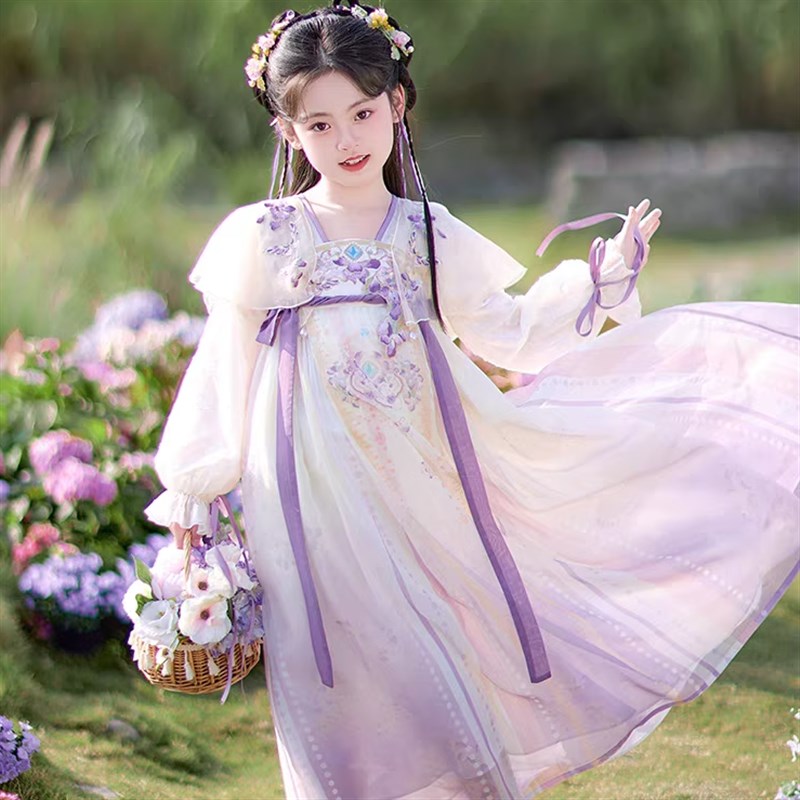 女童汉服儿童2025新款古装襦裙唐制日常春装紫色连衣裙披肩高端礼