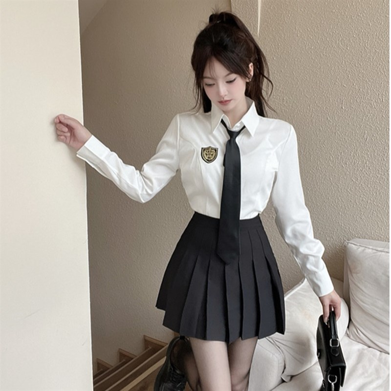 jk制服学院风领带长袖白色衬衫女百褶裙足浴技师工作服两件套装秋