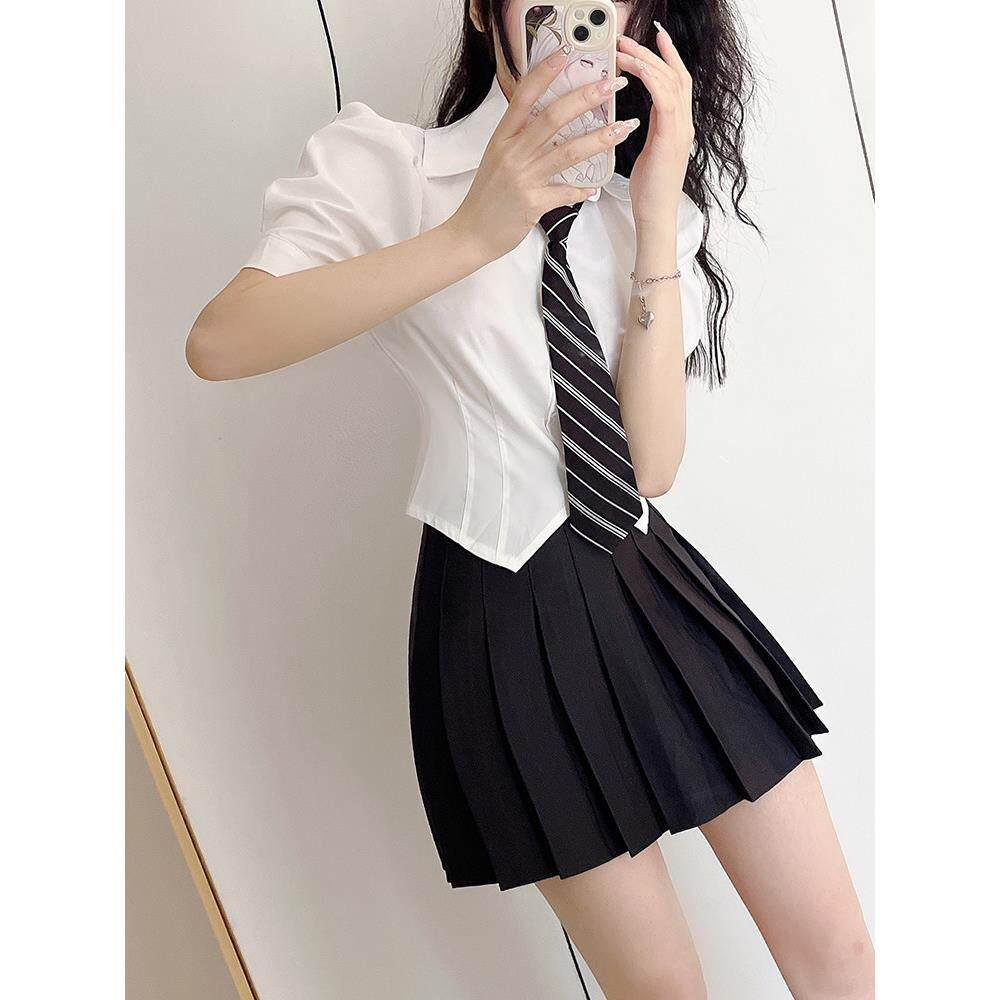 足浴技师工作服套装夏季制服白色短袖衬衫女士+百褶裙减龄两件套