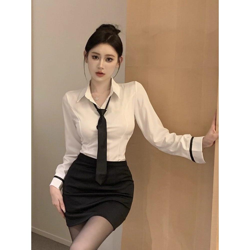 2025秋季新款制服白色长袖衬衫女配领带职业时尚气质工作服上衣