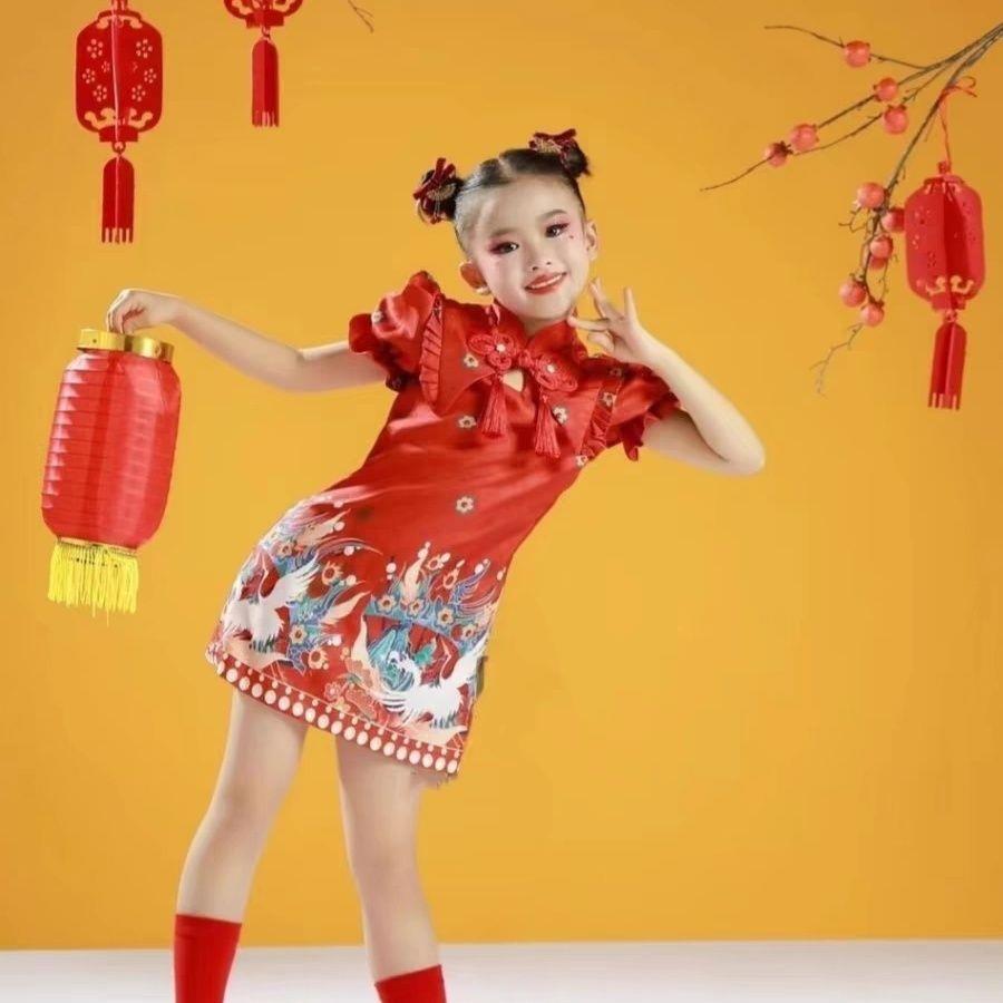 元旦儿童喜庆中国风演出服幼儿女舞蹈裙梦娃灯笼元日红旗袍表演服