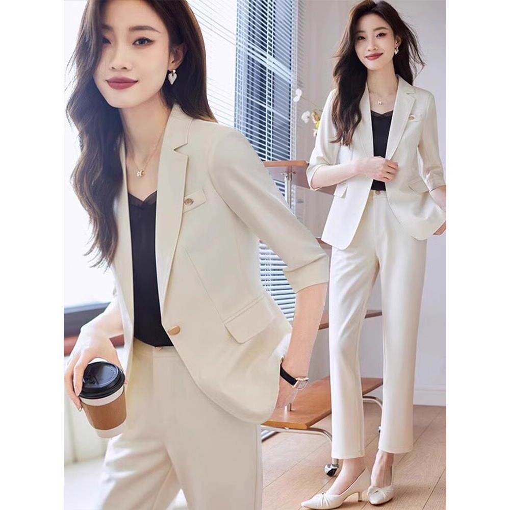 米白色七分袖西装外套女夏季薄款2025新款小个子通勤职业西服套装