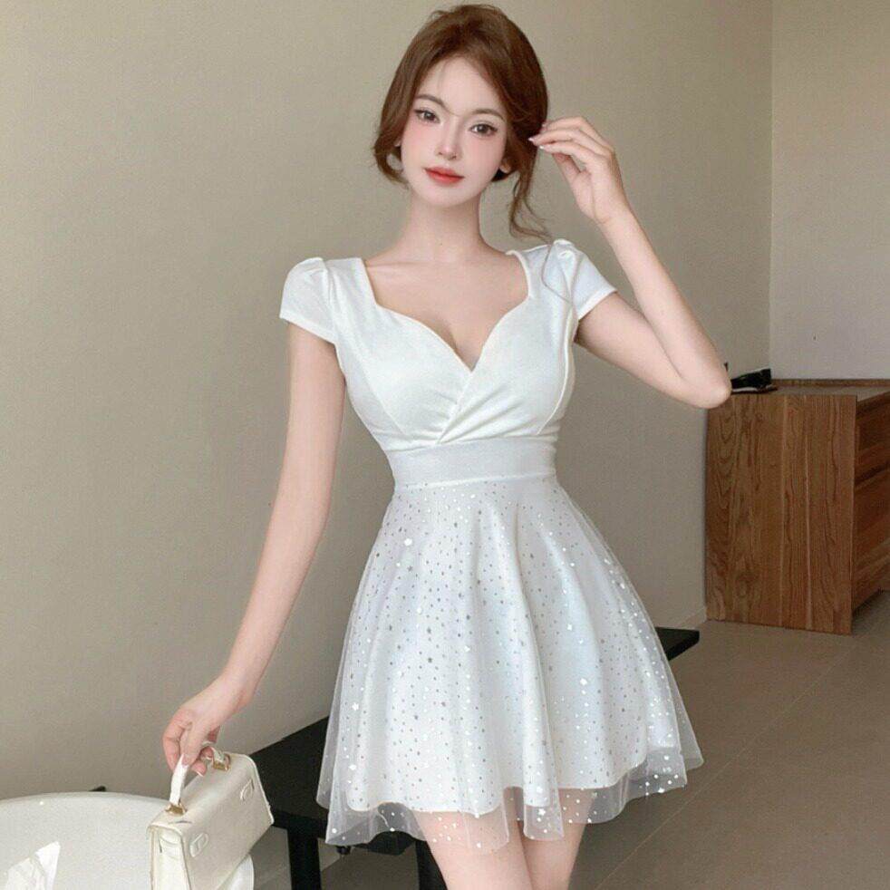 夜场店女装工作服低胸装深领气质法式收腰显瘦亮闪蓬蓬连衣裙子