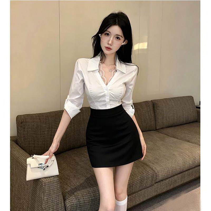 纯欲蕾丝性感收腰衬衫包臀裙御姐风套装美容酒店歌沐足浴技师服