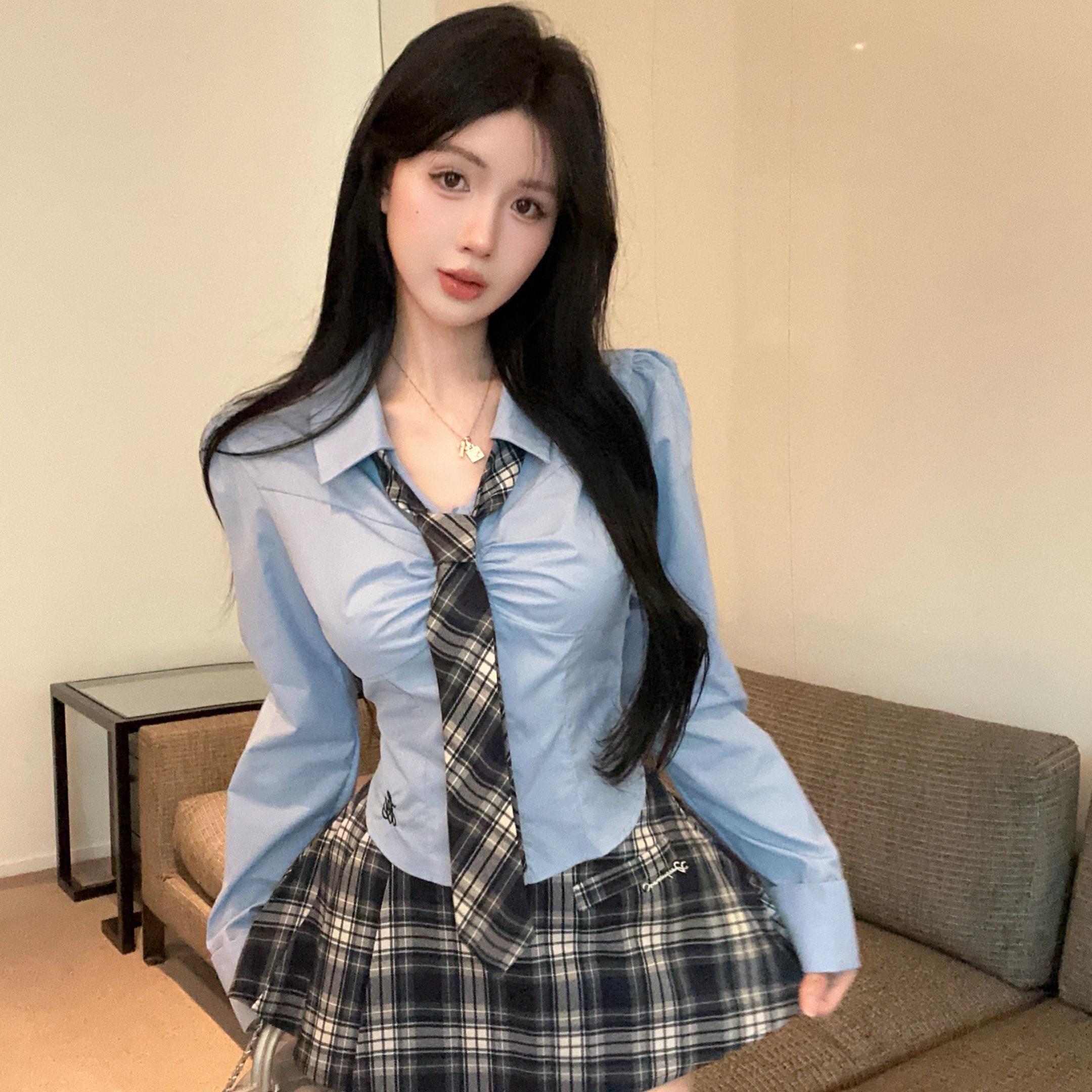 足浴技师工作服减龄款遮肚子收腰上衣短衬衫高腰短裙减龄套装制服