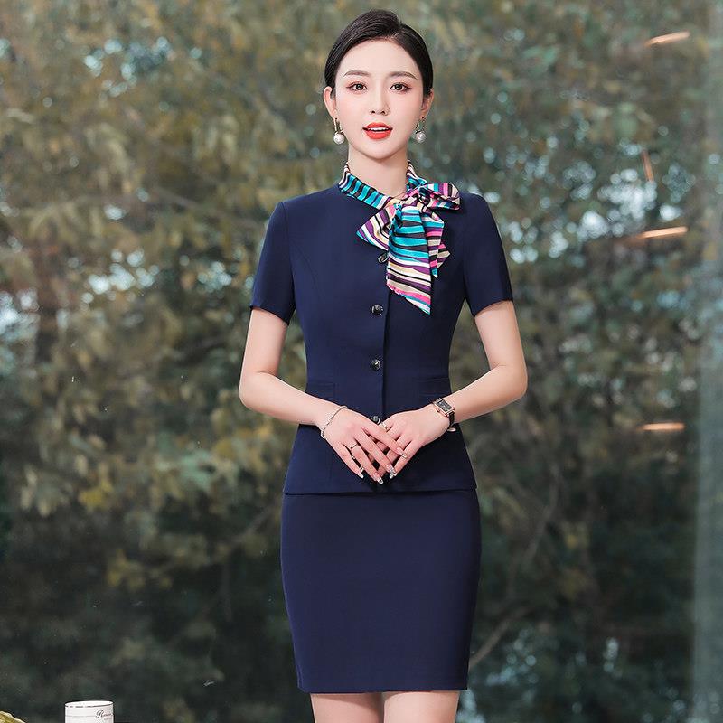 职业装女装蝴蝶结丝巾领西装套装短袖春秋款空姐制服军鼓队演出服
