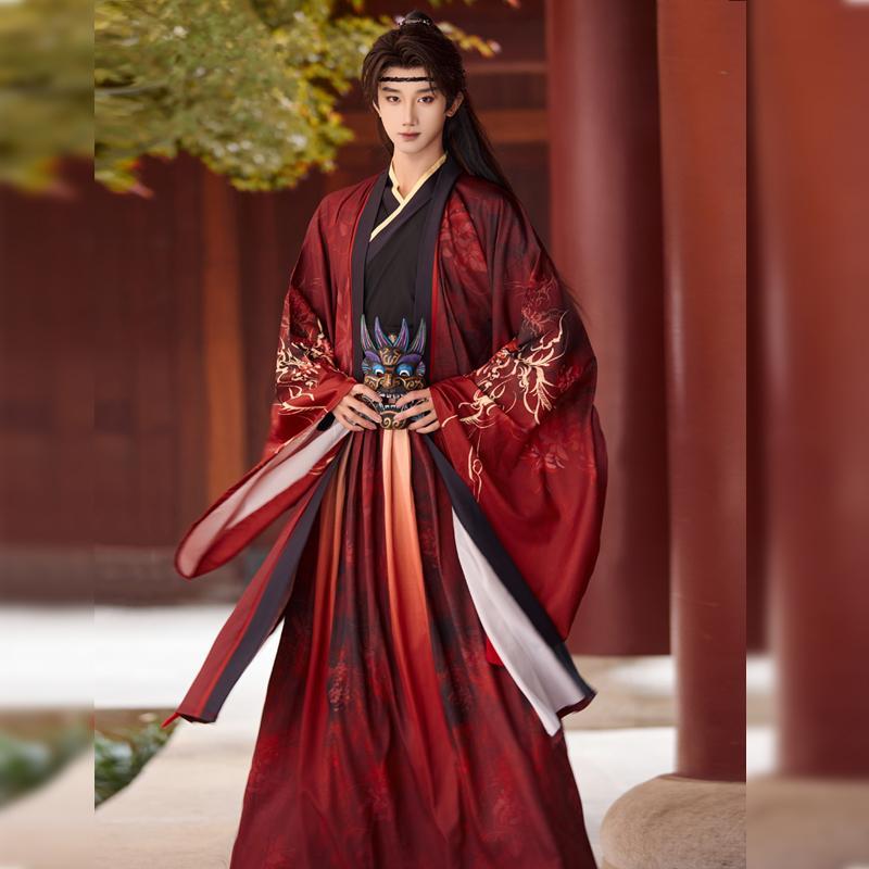 新款原汉服魏晋风男女款套创装红黑色印花侠客霸气交领日常夜罗红