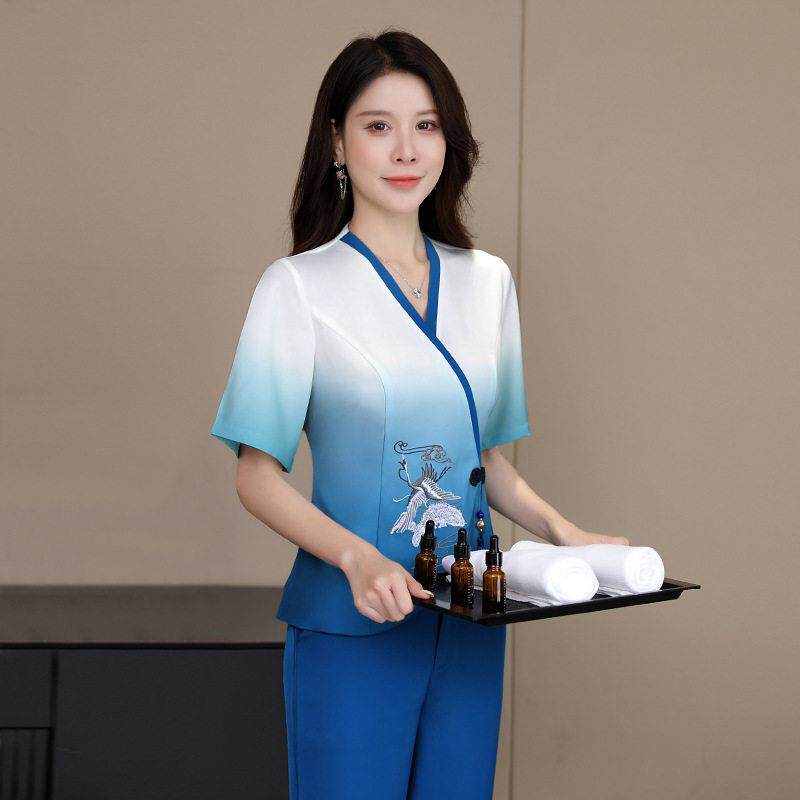 春夏季新款足浴技师工作服女时尚足疗店养生会所短袖套装
