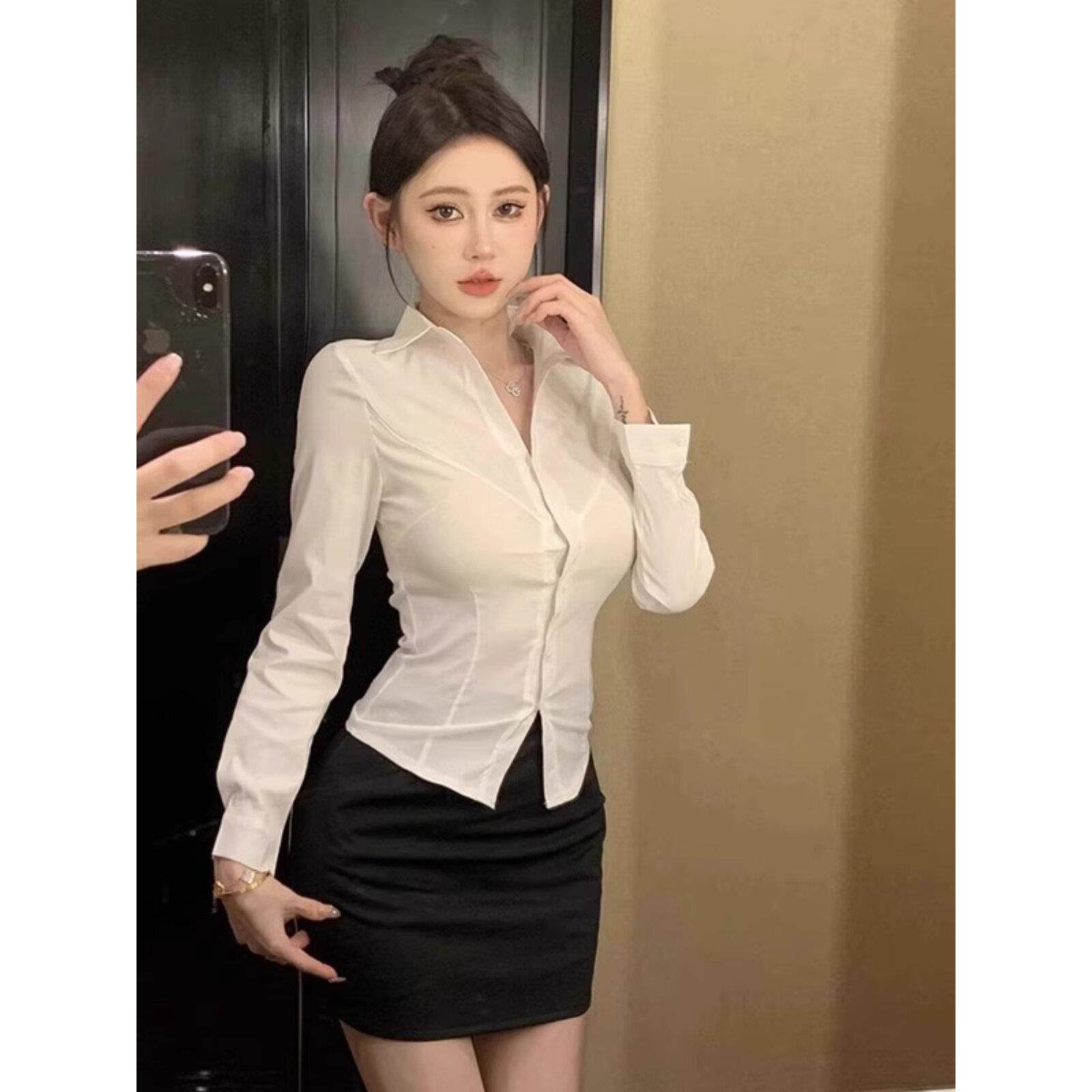 2025全新纯欲望腰长袖白衬衫女式春秋季性感紧身衬衫制服职业工作
