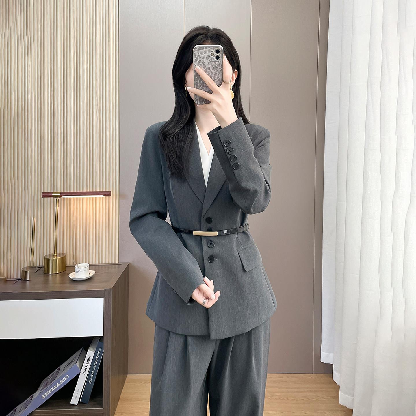 灰色西装外套女春秋小个子气质职场通勤穿搭教资面试正装西服套装