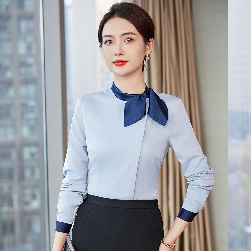 蓝色长袖衬衫女春季新款气质前台职业工装衬衣套装酒店收银工作服