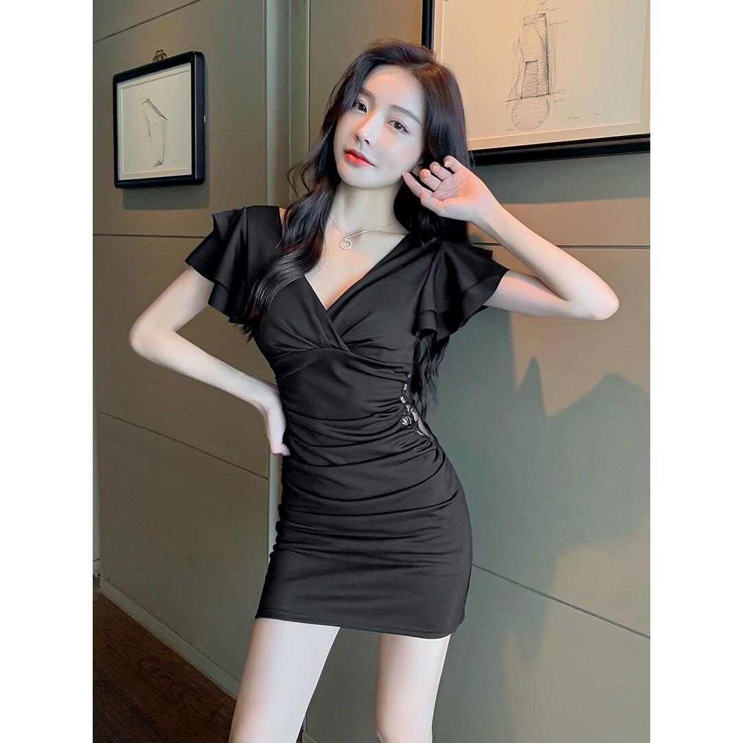 夜总会低胸露肩夜总会礼服深领性感工作服女士百褶裙短袖紧身短裙