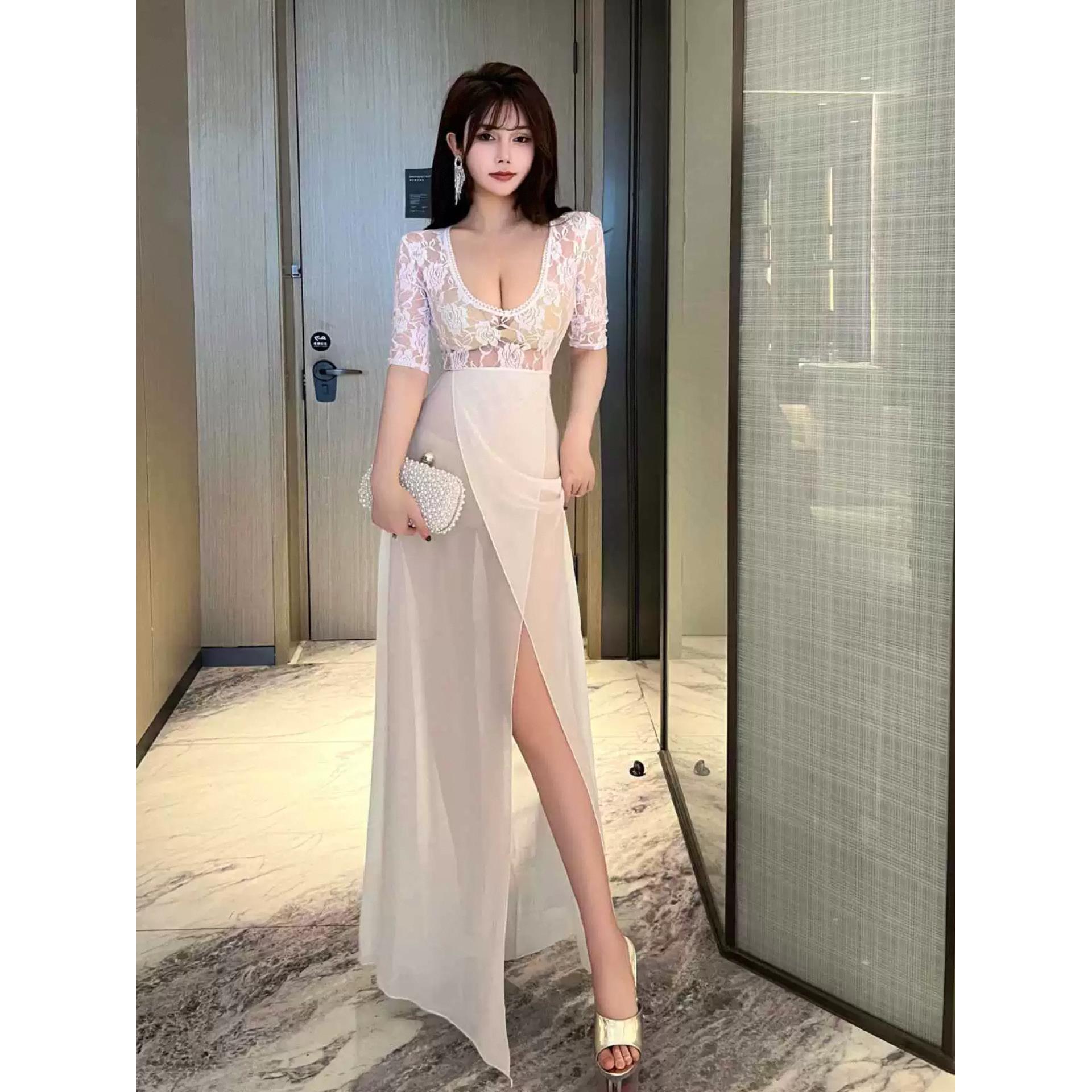 夜店透视晚礼服低胸性感连衣裙女新款夜总店桑拿技师长裙夜场工衣