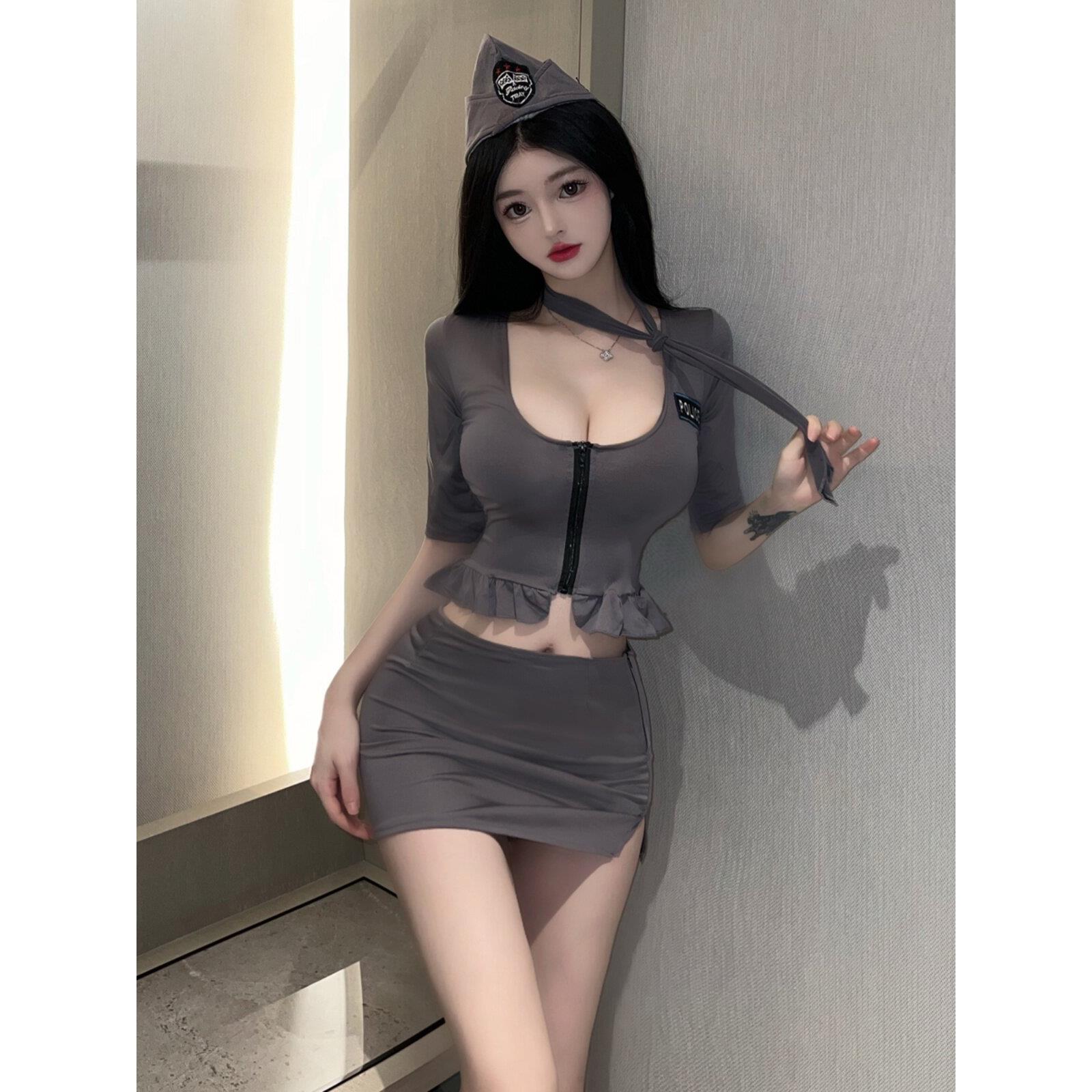夜店性感女神辣妹角色扮演空姐制低胸荷叶边上衣开叉包臀裙套装潮