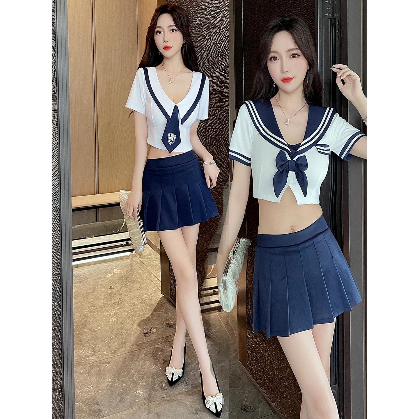 性感上衣,短款夜店,学院风空姐短款露腰红酒销售,海军蓝领啦啦