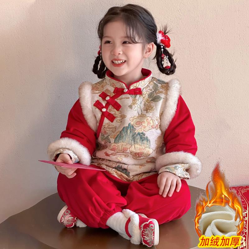 拜年服女童汉服2025新款唐装冬季加绒女宝宝中国风红色新年衣服