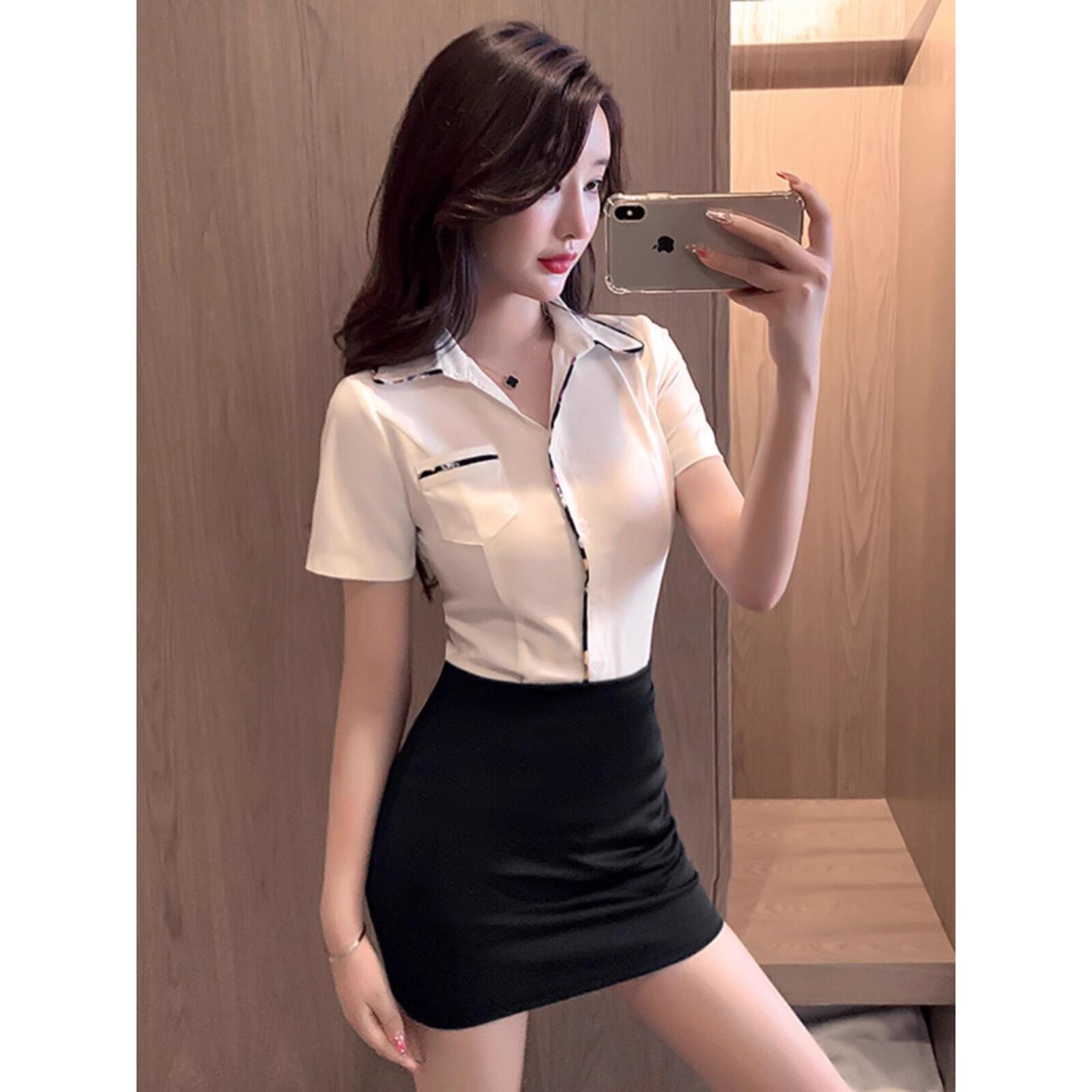 前台接待工作服白色衬衫女包臀裙酒店美容院足疗会所职业气质套装