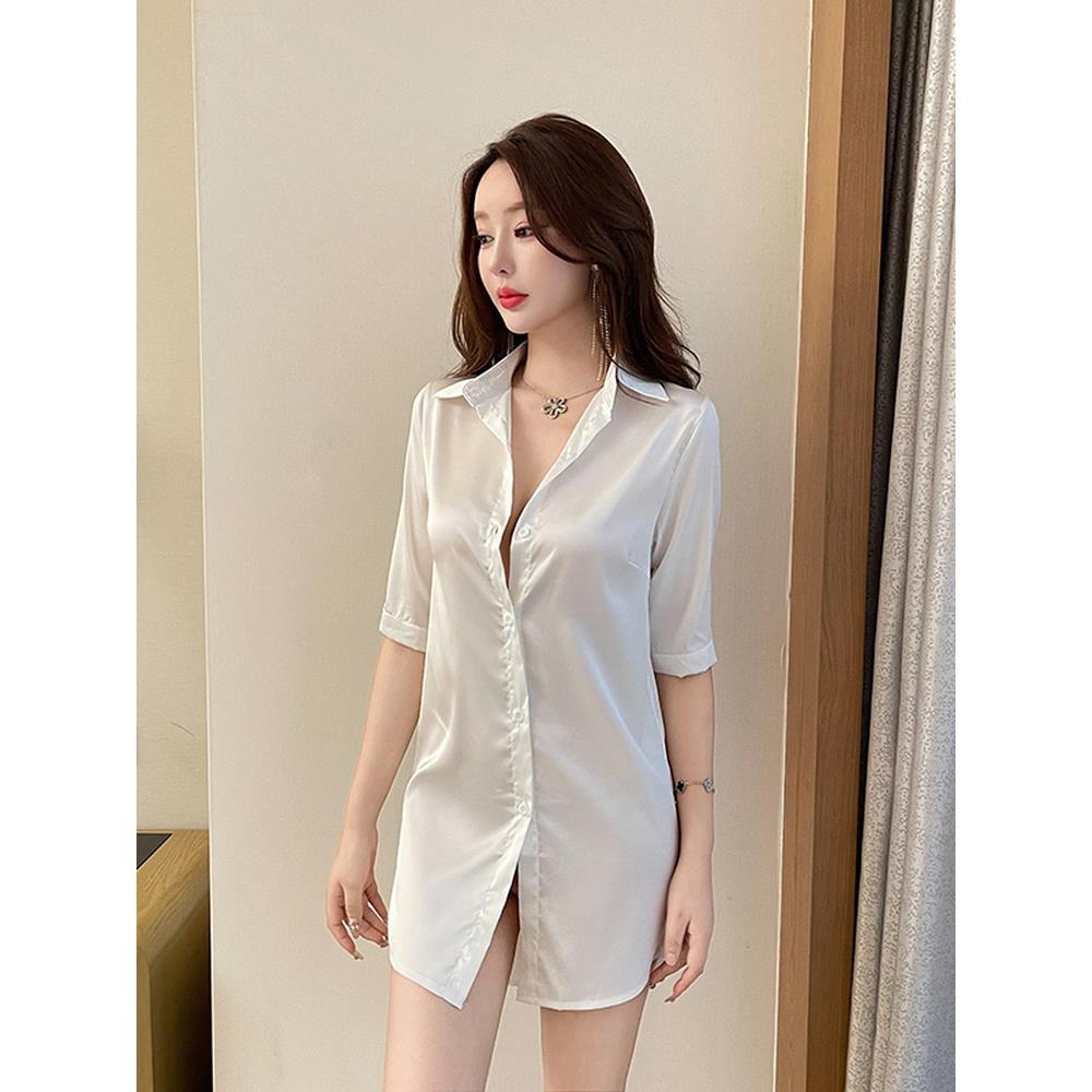 足浴技师工作服性感桑拿衬衫裙女中长款夜场修身显瘦柔式工作服夏