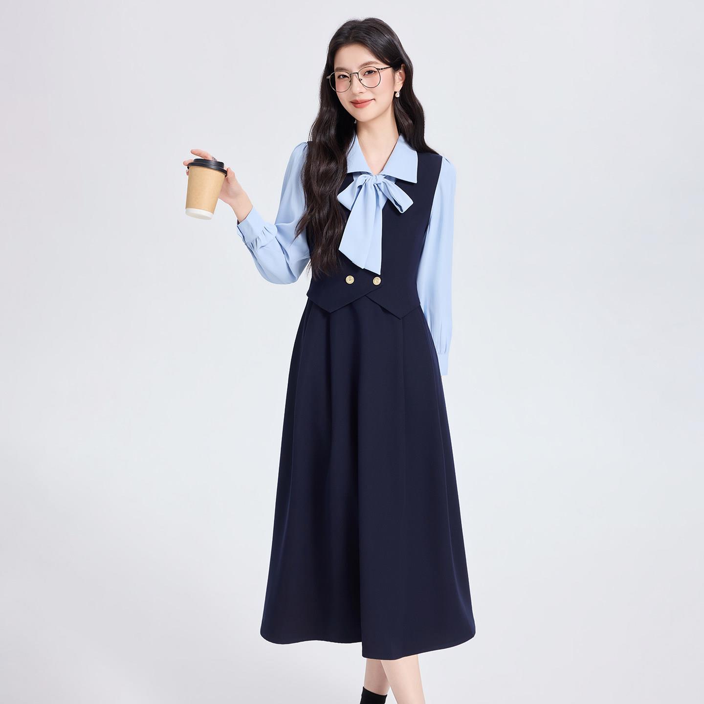 藏青色背心连衣裙女春秋大学生教资面试穿搭学院风西装裙职业套装