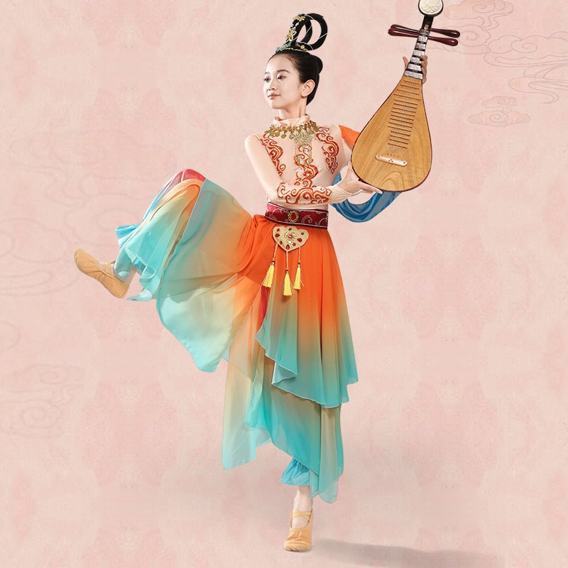 敦煌飞天汉服女童丝路升莲琵琶舞蹈服儿童异域风引幻妙音演出服装